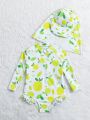 Baby Girl Fruit Print One Piece Swimsuit Including Hood