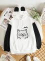 Cartoon & Letter Graphic 3D Ear Design Drawstring Hoodie