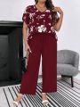 SHEIN LUNE Plus Floral Print Batwing Sleeve Top & Knot Front Pants