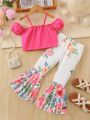 SHEIN Kids CHARMNG Little Girl'S Two-Piece Off-The-Shoulder Top And Romantic Floral Print Flared Pants Set