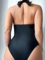 SHEIN Swim Chicsea Mesh Paneled Halterneck One-piece Swimsuit