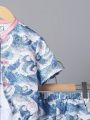 SHEIN Boys' One-Piece Casual Wave Printed Mandarin Collar Shirt And Shorts Chinese Style Clothes