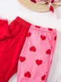 SHEIN Kids Nujoom Young Girl Cute And Stylish Two Piece Outfits, Cami Top With Heart And Flare Leg Pants Suitable For Spring, Summer, Autumn And Winter