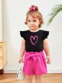 SHEIN Baby Girls' Lovely Flutter Sleeve Heart Pattern Top With Belted Shorts Set