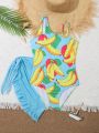 Tween Girls' One-Piece Swimsuit, Banana Fruit Printed, Beach Swimwear