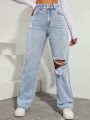 SHEIN High Waist Ripped Straight Leg Jeans