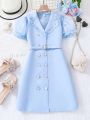 Teen Girls' Elegant And Intellectual Blazer Collar Patchwork Ruffle Trim Double Breasted Belted Dress For Spring/Summer