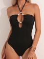 SHEIN Swim Chicsea One Piece Swimsuit With Pearl Decoration & Hollow Out Design Detail, Halter Neckline