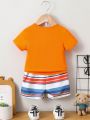 Baby Boys' Fun Letter Slogan Print Short Sleeve T-Shirt And Striped Shorts Set For Spring/Summer Casual Outfits