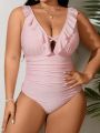 SHEIN Swim Vcay Plus Size One-Shoulder Swimsuit With Ruffles And Cutout Embroidery Detail