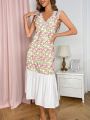 Valentines Women'S Color Collision Floral Printed Splice Lace Sleep Dress