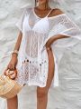 SHEIN Swim BohoFeel Women'S Solid Color Knitted Split Cover Up With Hollow Out Design