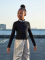 SHEIN Kids Cooltwn Girls' Casual Knitted Stand Collar Long Sleeve Top For Streetwear