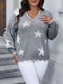 SHEIN Essnce Plus Star Pattern Scallop Trim Drop Shoulder Sweater