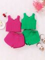 SHEIN Baby Girls' Knitted Solid Color Tank Top And Shorts, Elastic Waist, 4pcs/Set Casual Outfits