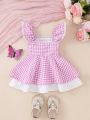 Baby Girl Plaid Patchwork Ruffle Hem Dress With Bow Decoration, Princess Bubble Dress