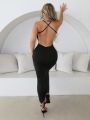 SHEIN SXY Backless Cross-Shoulder Straps Gathered Buttocks Slim Fit Tight Black Dress New Years Women Outfit Birthday Outfit Spring Women Clothes Prom Dress Valentine Day Dress Date Night Dress Bachelorette Party Cocktail Dress Short Pastel Dress