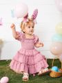 SHEIN Baby Girls' Ruffle Edge Frock With Puff Sleeves And Decorative Border