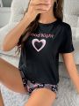 SHEIN Heart & Letter Printed Short Sleeve T-Shirt And Plaid Shorts Pajama Set