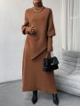 SHEIN Essnce Turtleneck Batwing Sleeve Loose Sweater & Midi Skirt Set