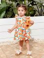 SHEIN Baby Girl's Casual Holiday Floral Pattern Colorblock Bowknot Flutter Sleeve Dress