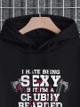 Men's Plus Size Fleece Hoodie With Slogan And Skull Print, Drawstring Tie