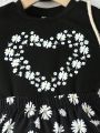 SHEIN Kids SUNSHNE Little Girls' Casual Holiday Black Daisy & Heart Print T-Shirt And Skirt 2pcs/Set For Summer
