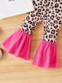 SHEIN Infant Girls' Cute Rabbit Leopard Print Colorblock Short Sleeve Top And Flared Pants Set