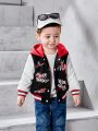 SHEIN Baby Boys' Cartoon Letter Print Hooded Baseball Jacket With Contrast Color