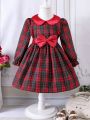 Young Girl Tartan Print Peter Pan Collar Bow Front Dress