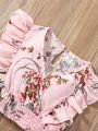 SHEIN Kids EVRYDAY Toddler Girls Floral Print Ruffle Trim Top & Wide Leg Pants