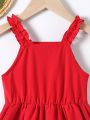 SHEIN Kids EVRYDAY Little Girls' Red Ruffle Trim Decor Waist Belted Cami Dress