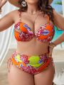 SHEIN Swim BohoFeel Plus Size Full Printed High Waisted Bikini Set With Knot Back