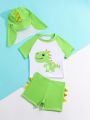 Baby Boy Cartoon Dinosaur Print Color Block Raglan Short Sleeve Top And Shorts Swimsuit Set With Hat, Summer