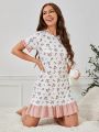1pc Comfortable Color Block & Floral Print Sleep Dress With Ruffled Sleeves For Mommy And Me Matching Outfits