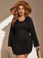 SHEIN Swim Basics Plus Size Solid Color Hollow Knit Back Tie Cover Up