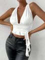SHEIN BAE Plunging Neck Ruched Side Ruffle Hem Tie Backless Crop Halter Top