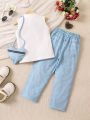 SHEIN Kids QTFun Little Girls' Solid Color Vest And Cartoon Print Denim-Like Pants Set With Stand Collar