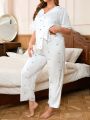 Women'S Plus Size Patchwork Embroidery Mesh Pajama Set