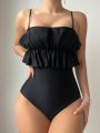 SHEIN Swim Chicsea Solid Color Ruffle Trimmed High Cut One-piece Swimsuit