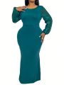 Plus Size Green Round Neck Glitter Lantern Sleeve Elegant Extra Long Mermaid Dress