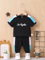 Baby Boy Fashion And Casual Stitching Contrasting Color Letter Pattern Set