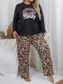 Plus Size Loungewear Set With Word And Leopard Printed Round-neck Pullover Top