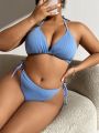 SHEIN Swim Basics Plus Size Women's Textured Halter Neck Swimsuit Set