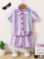 2pcs Baby Boy's Vertical Striped Printed Short Sleeve Shirt And Shorts Summer Outfits, Beach Vacation Style