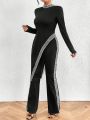 SHEIN Privé Colorblock High Slit Top And Flare Pants Set