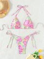 Women's Halter Neck Thin Straps Triangle Bikini Set (prints Random)