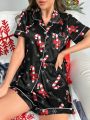 Christmas Print Contrast Piping Satin PJ Set