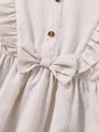 SHEIN Kids HYPEME Girls' Dress With Vertical Stripes, Flared Sleeves And Ruffle Detail In Apricot Color