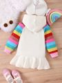 Toddler Girls' Rainbow Color Block Hooded Long Sleeve Embroidery Detail Dress For Fall/winter